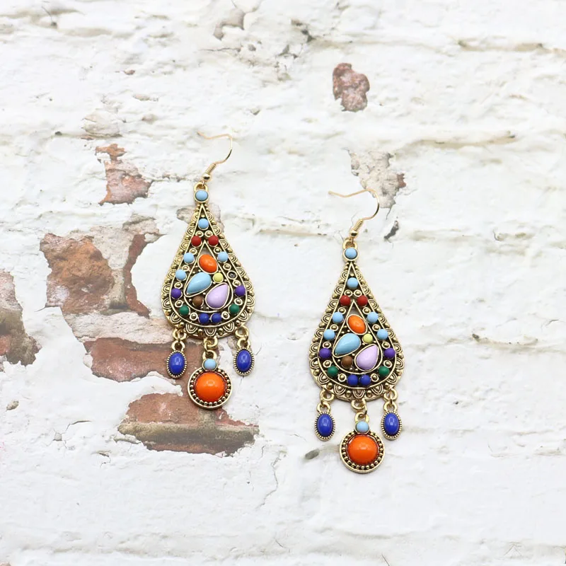 Винтажное Античное золото Индийский стиль Jhumka каплевидные геометрические камни висячие серьги цыганское богемное ювелирное изделие женские аксессуары