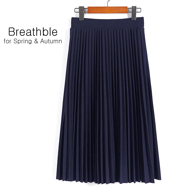 Navy Blue Saimishi весна осень модные женские Высокая талия плиссированные сплошной цвет Половина Длина эластичная юбка Акции Леди Черный розовый серый - Цвет: Navy Blue