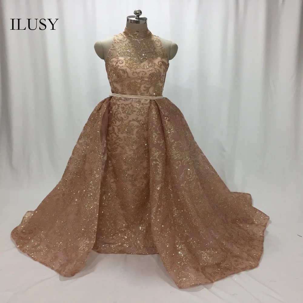 

ILUSY Rose Gold Customize Glitter Evening Gowns With Overskirt Evening Dresses Sleeveless Party Prom Gowns robe de soire