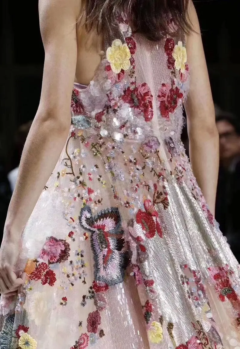 

Upscale French lace fabric with heavy embroidered colorful florals and sequins,latest model Accessories for haute tulle Wedding