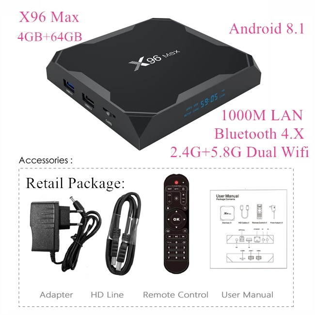 TSINGO X96 Max tv Box Amlogic S905X2 четырехъядерный LPDDR4 4G 64G 2,4G/5,8G двойной Wifi Android 8,1 Bluetooth 1000M 4K HD медиаплеер - Цвет: X96 Max 4GB 64GB