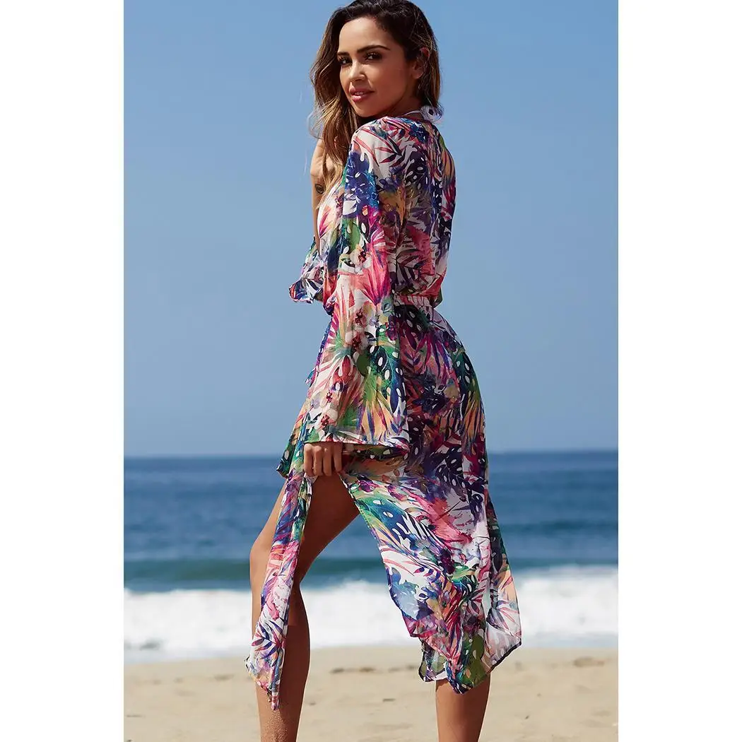 Женский Повседневный многоцветной шифоновый кардиган с v-образным вырезом и