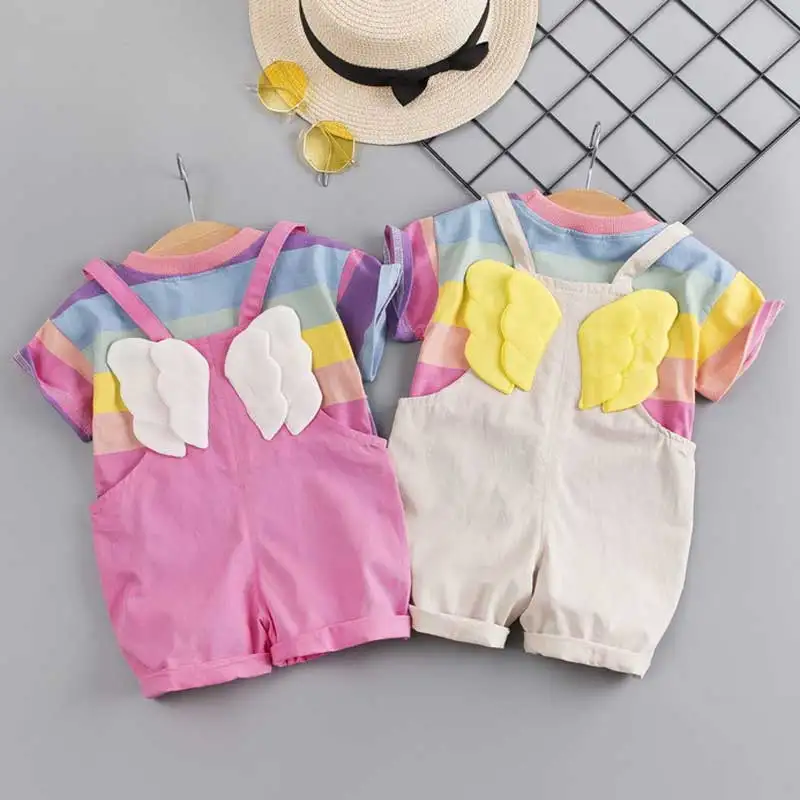 

Toddler Baby Kids Girls Clothing Sets Fashion Rainbow Striped Tops+Small Wings Overalls Short Summer Outfits Set Clothes