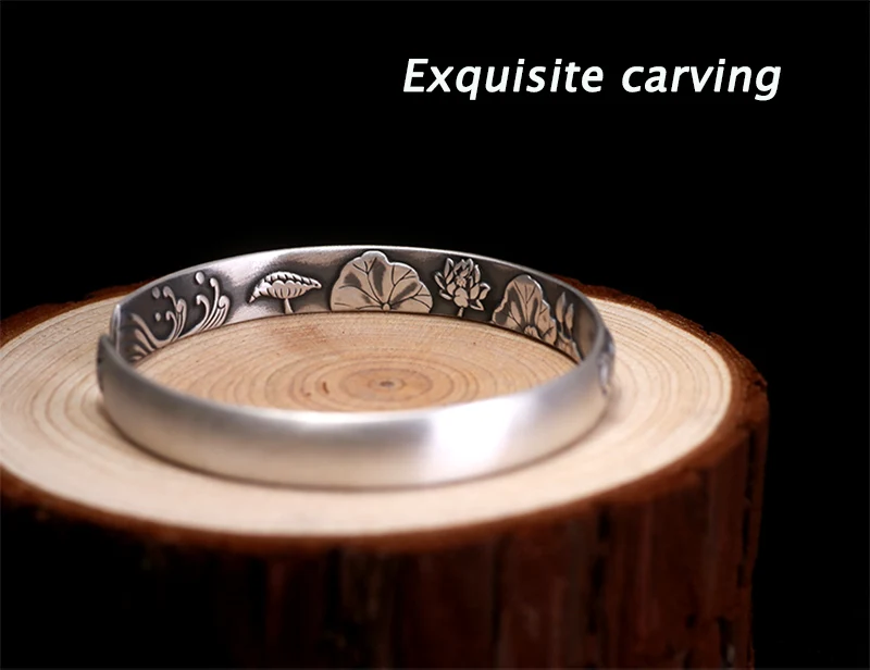 ZABRA Solid Pure 999 Sterling Silver 8mm Lotus Vintage Open Cuff Bracelet Women Guanyin Hand Trendy Rock Bangles Women Jewelry