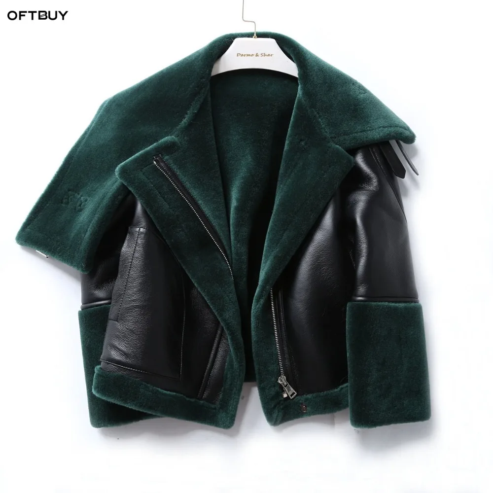OFTBUY 2018 зимняя куртка женская натуральная шерсть мех пальто черный pu кожаная