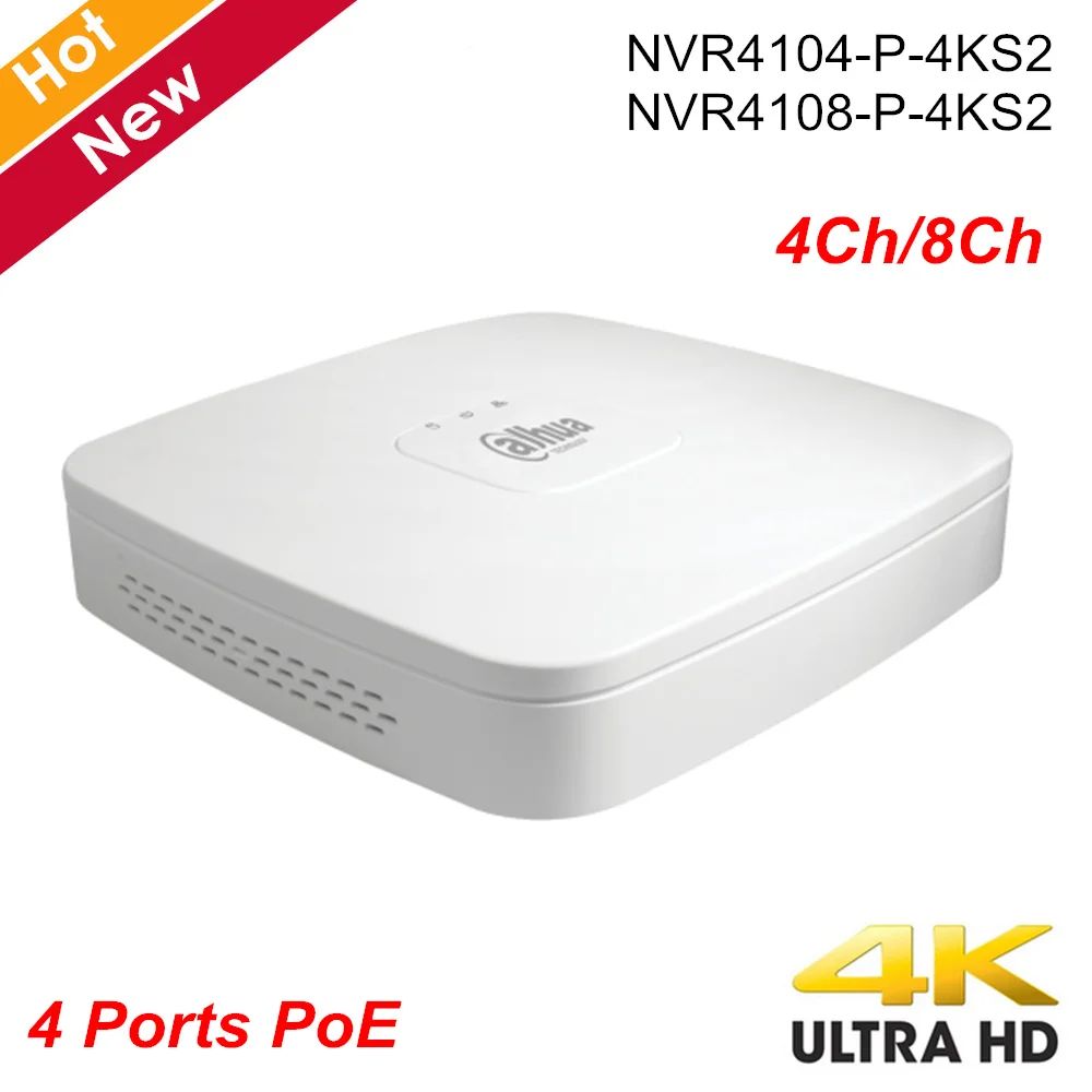 Dahua с логотипом NVR NVR4104-P-4KS2 NVR4108-P-4KS2 4k высокой четкости 4ch 8ch Smart 1U 4 PoE порта H.265 сетевой видеорегистратор
