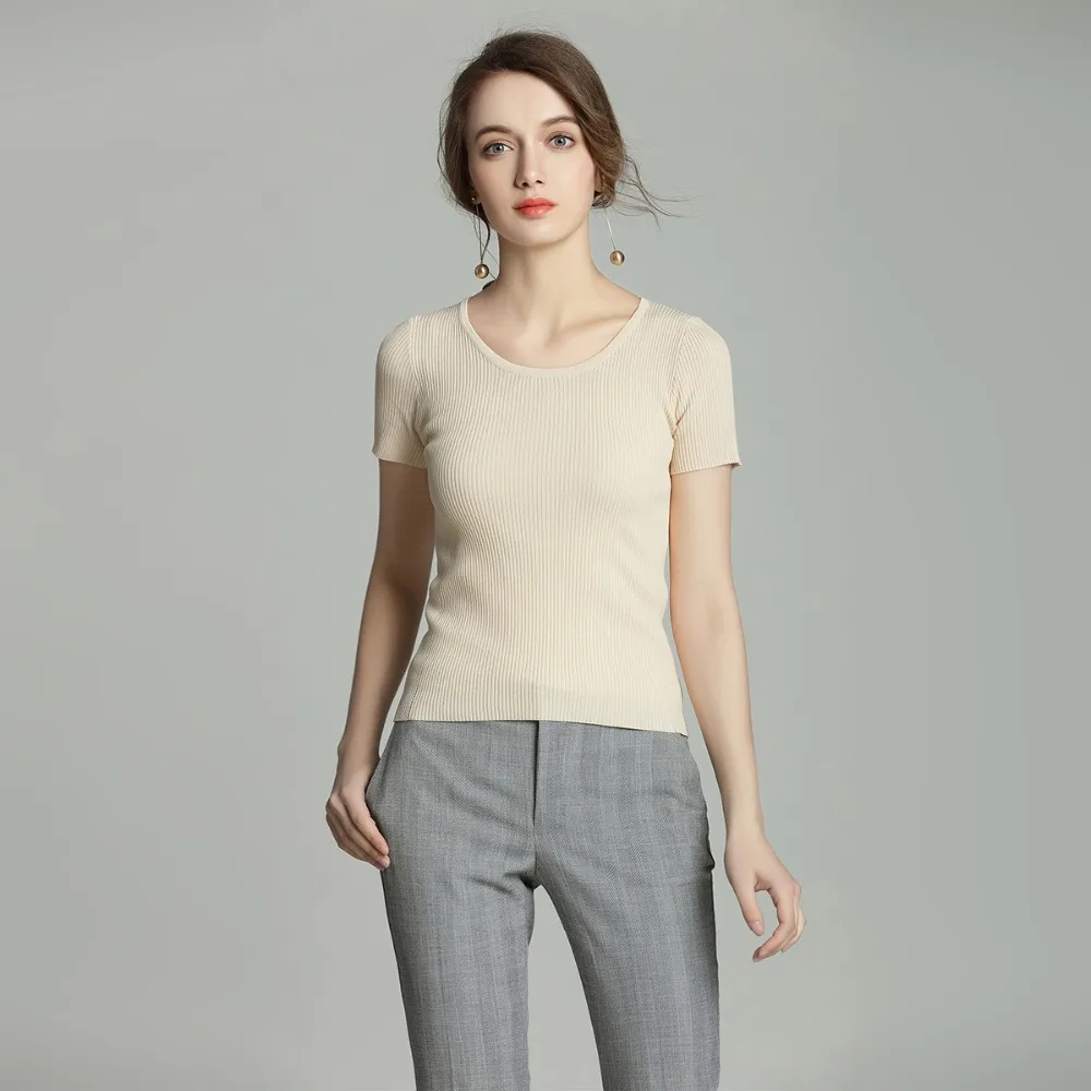 Summer new sweater shirt women's round neck short-sleeved solid color wild Slim Korean version of the simple | Женская одежда