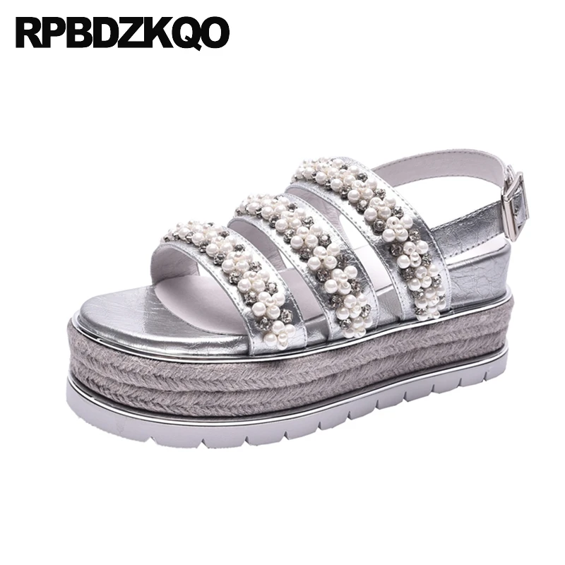 

Pumps Women Rhinestone Gladiator Sandals Shoes Rope Crystal Silver Flatform Wedge Beaded Pearl Espadrilles Platform Harajuku