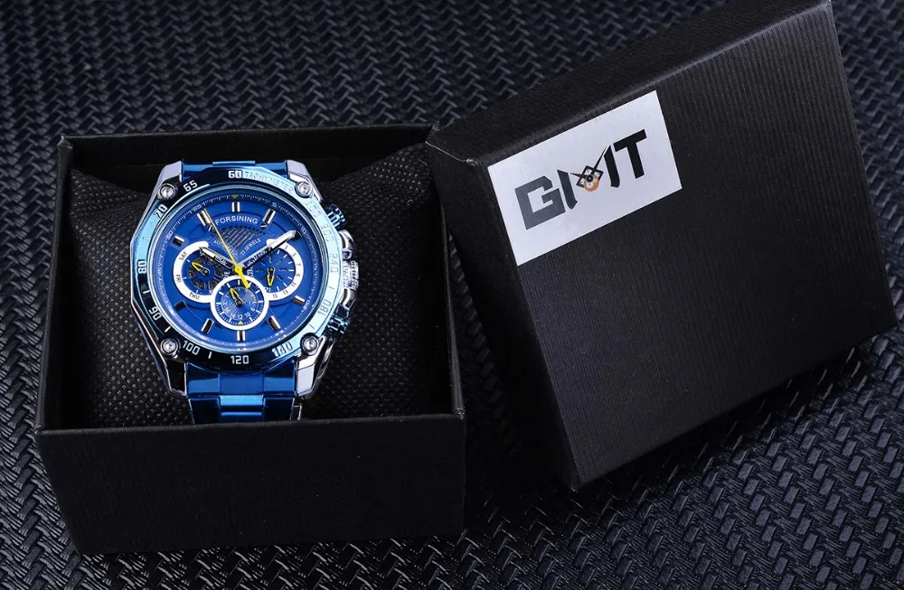 Forsining New Mens Blue Mechanical Watch Fashion Automatic Date Male Business Stainless Steel Wristwatch Relogio Masculino
