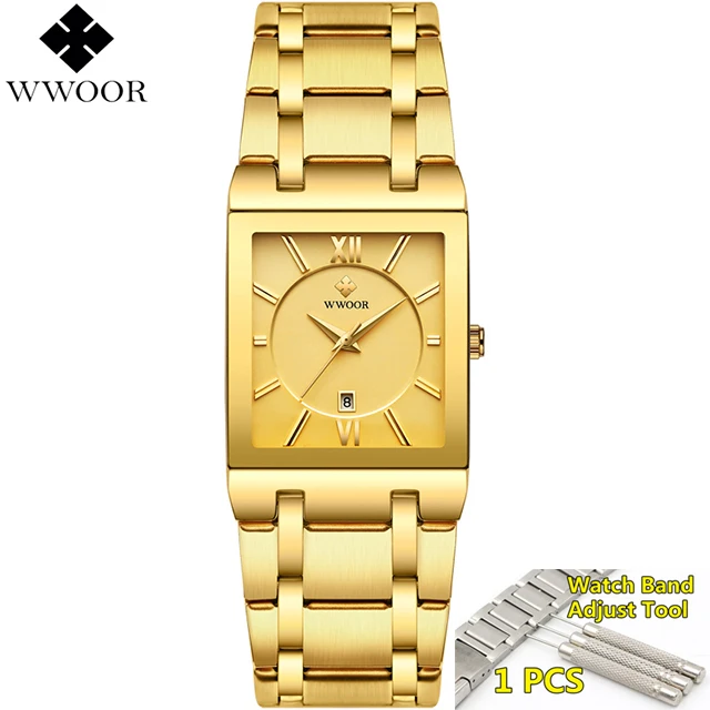 full gold WWOOR мужские часы Топ бренд класса люкс Золотые Квадратные аналоговые кварцевые часы мужские водонепроницаемые золотые мужские наручные часы - Цвет: full gold