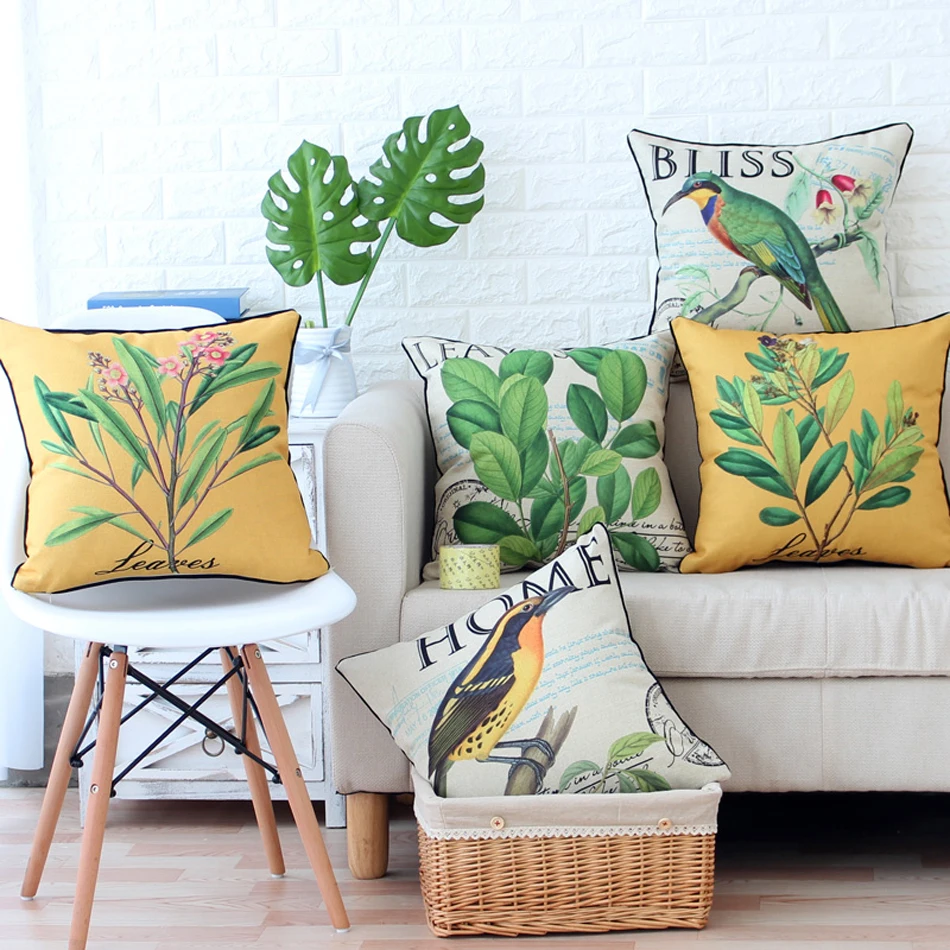 Горячая Распродажа наволочка с принтом птиц и растений зеленым рисунком Льняные