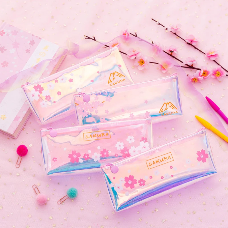 Розовый Лепесток вишни лазер ПВХ прозрачный пенал сумка для хранения корейский