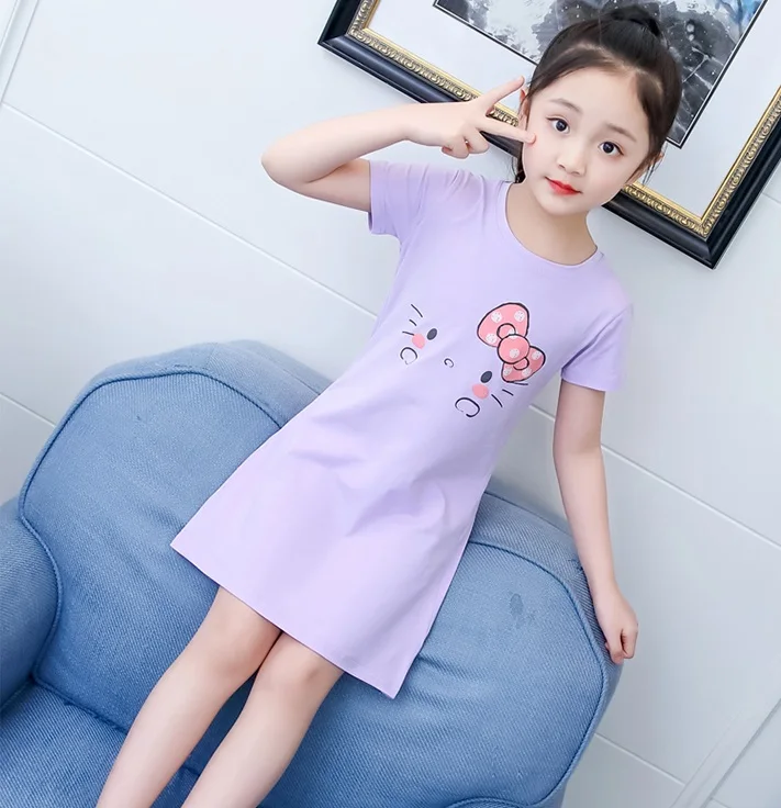 Purple Hello Kitty Платье с единорогом; летняя повседневная одежда для девочек; Пижама с единорогом для маленьких девочек; детская одежда с героями мультфильмов; От 5 до 15 лет - Цвет: Purple Hello Kitty