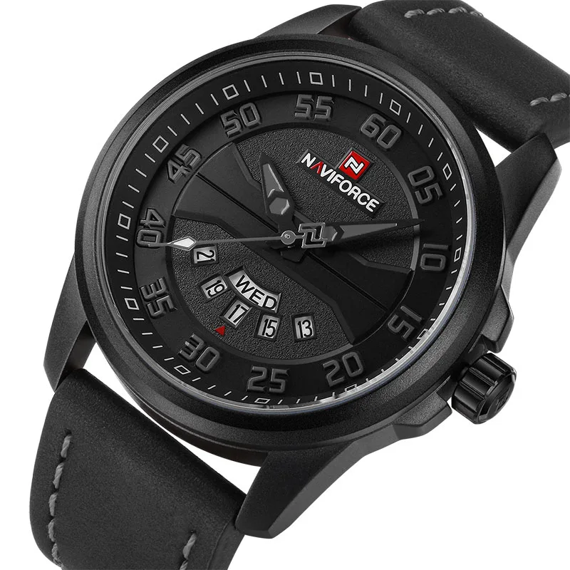 Black Grey Роскошные Брендовые мужские модные повседневные часы NAVIFORCE, мужские кварцевые часы с кожаным ремешком, армейские военные спортивные наручные часы NF9124 - Цвет: Black Grey