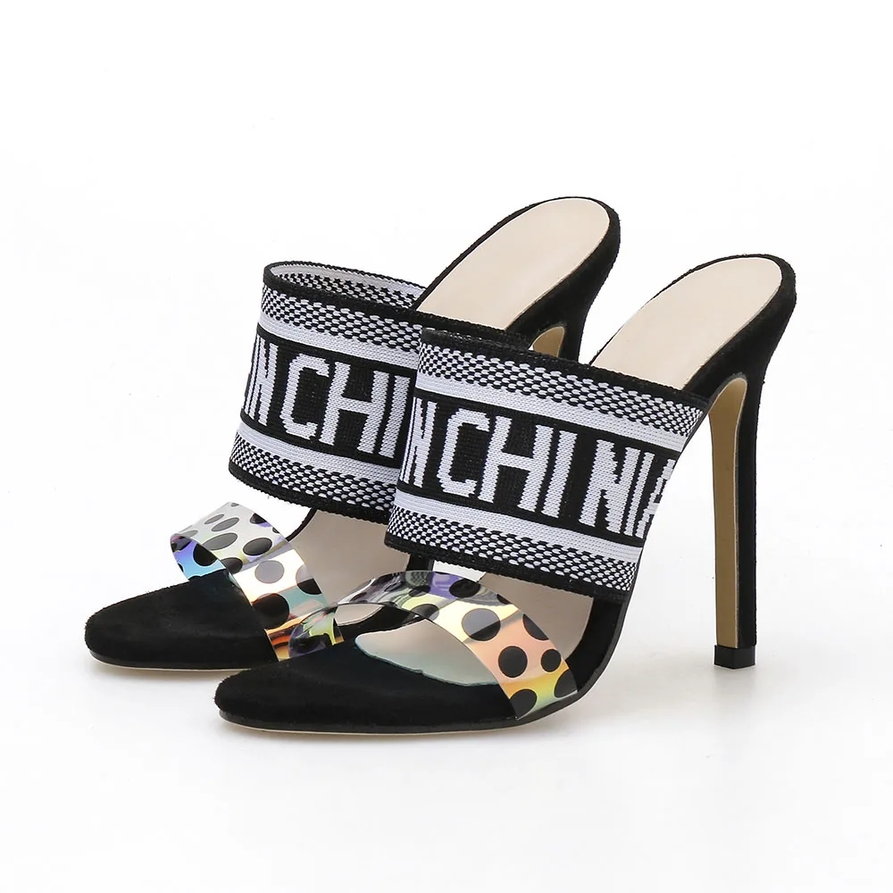 

Women's Slipper 2020 Fashion Flying Woven Color PVC Color Matching Sandals And Slippers Thin High Heels Letter Female Sandals