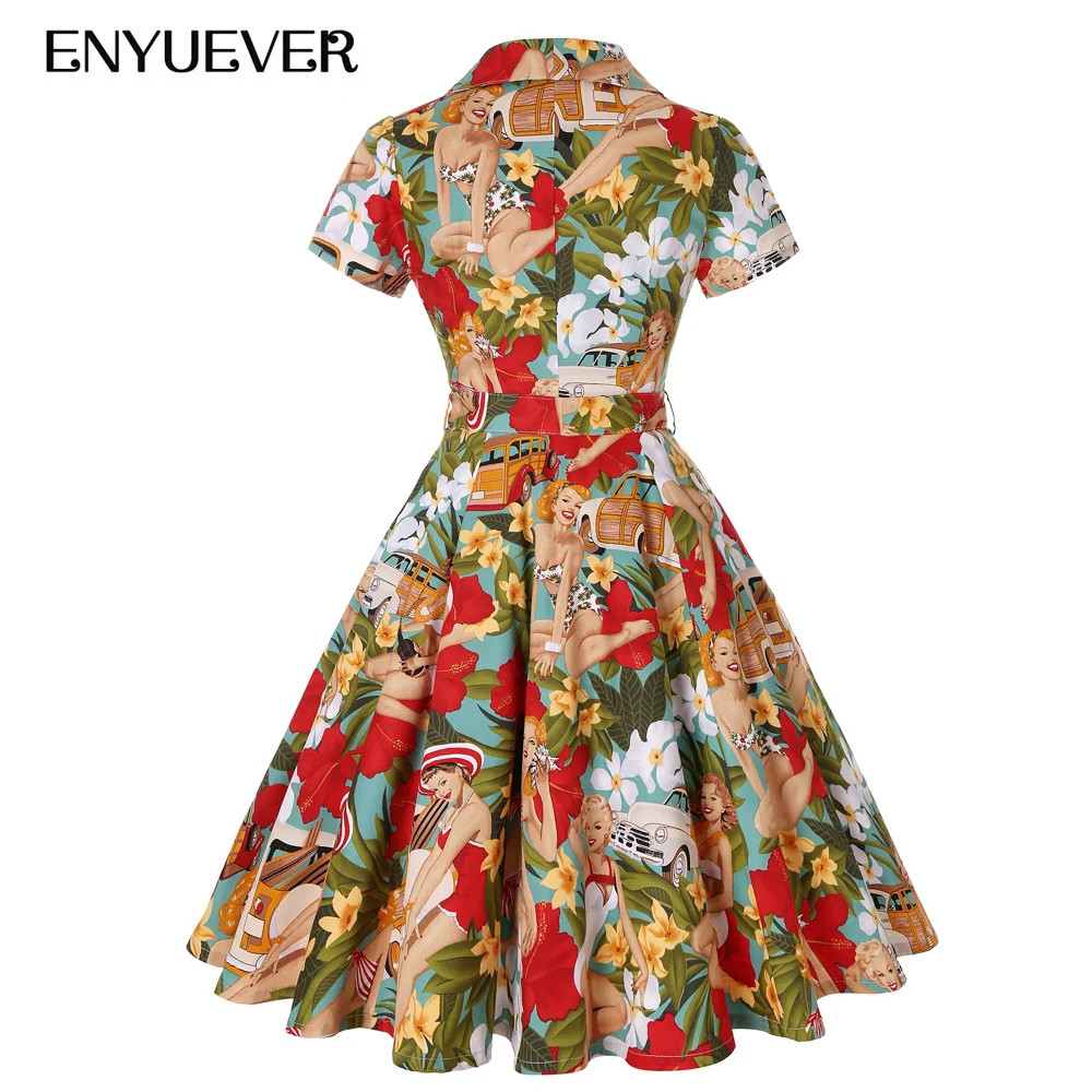 Enyuever Vestido винтажное платье большие размеры Повседневное с цветочным принтом для