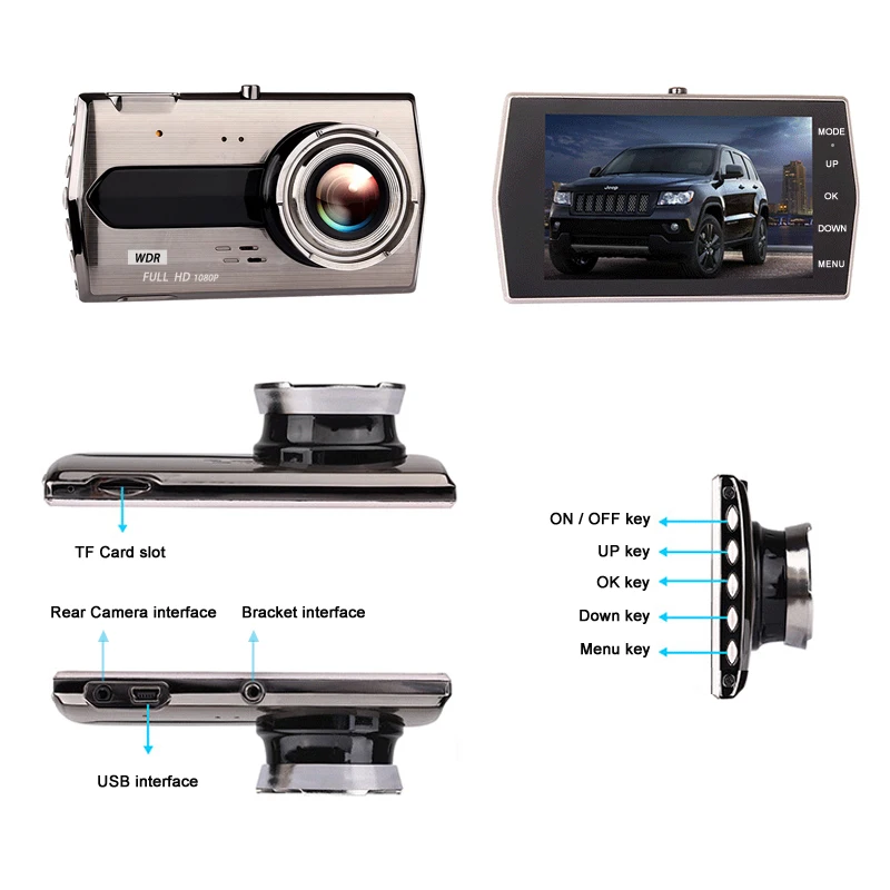 ANSTAR видеокамера для автомобиля 4 дюйма FHD 1080P 170 широкий угол двойной объектив с