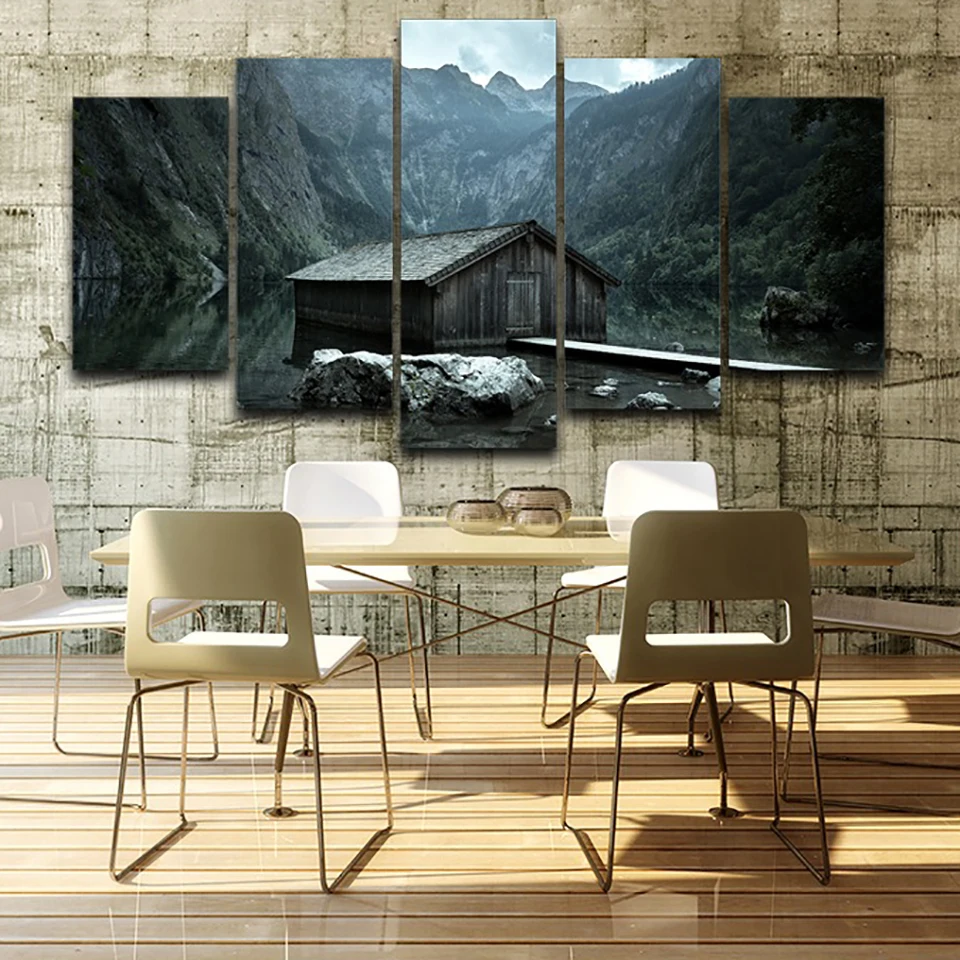 Frame Home Decor Living Room Wall Pictures 5 Panel Chalet Mountains Landscape Art Painting Modular HD Printed Canvas Poster | Дом и сад