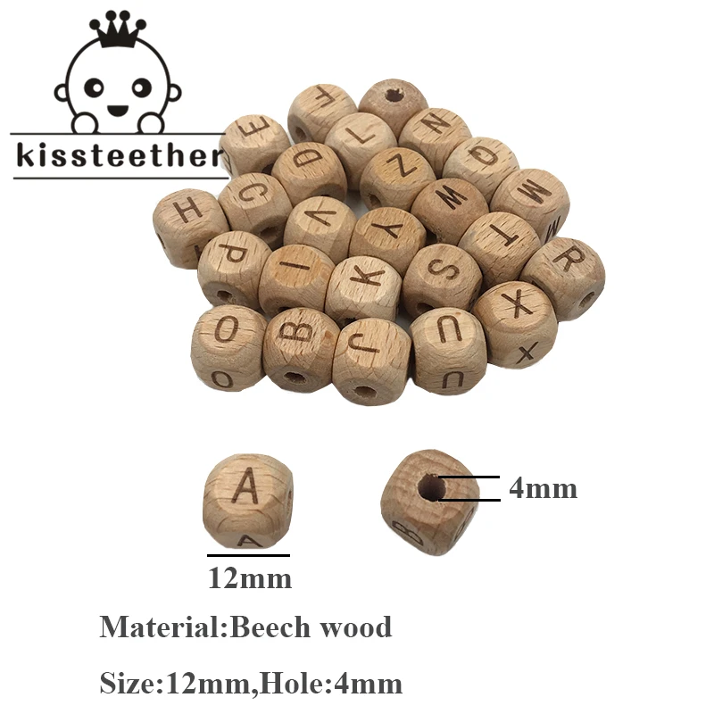 Accesorios de madera para dentici&oacute;n, cuentas de letras de madera de haya cuadradas de 12mm para dentici&oacute;n, joyer&iacute;a artesanal, cuentas del alfabeto, mordedor para beb&eacute;, 100 Uds.-4
