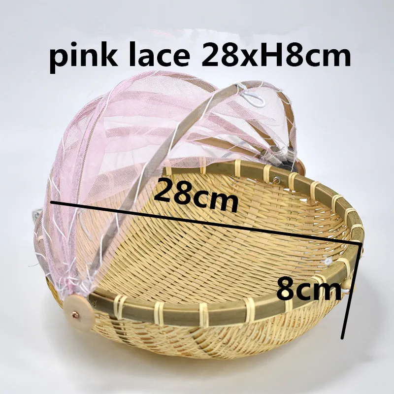 pink lace 28xH8cm Подарочная корзина ручной работы Бамбуковая ткань плетеная корзина пылезащитный фруктовый лоток пищевые блюда для хлеба крышка с марлей Panier Osier хранения - Цвет: pink lace 28xH8cm