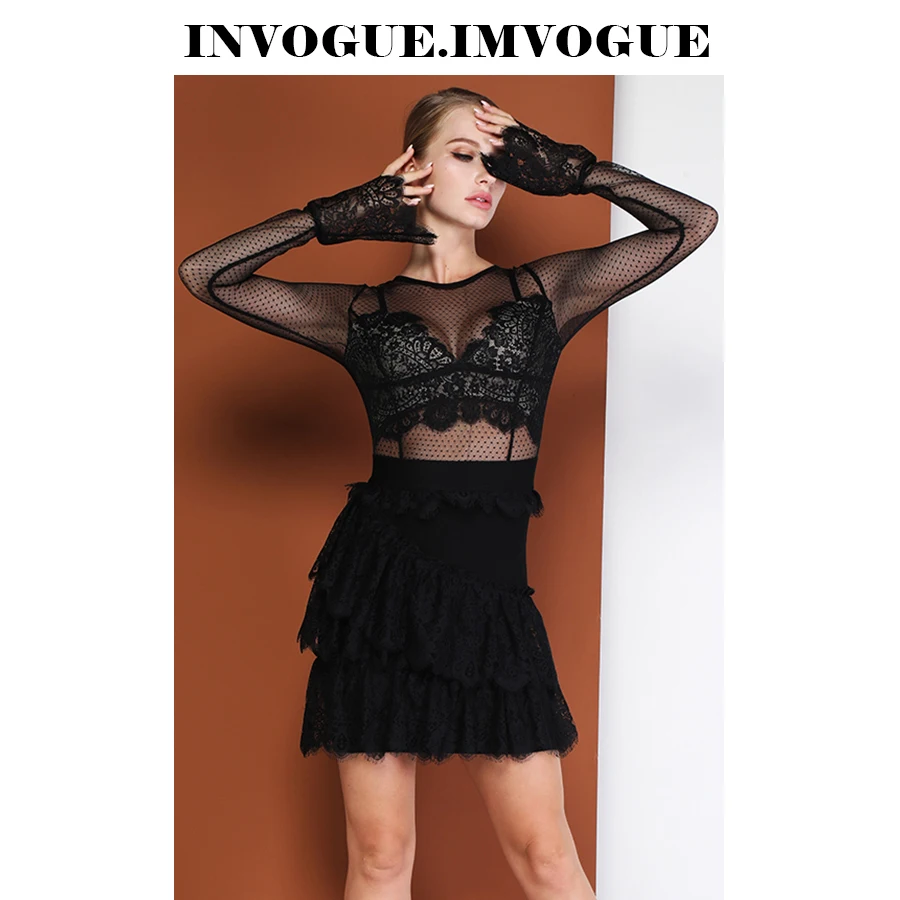 INVOGUE. Женское кружевное мини платье ivogue черное облегающее с круглым вырезом и