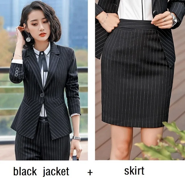 black Jacket skirt ACRMRAC, женские костюмы, тонкая полосатая куртка, штаны, OL, деловые, формальные, женские брюки, костюмы, женский комплект, костюмы - Цвет: black Jacket skirt