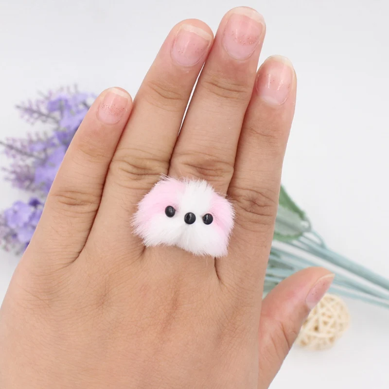 Pink dog Милые пушистые меховые кольца в виде кошки для женщин искусственный мех кролика собака лиса панда палец вечерние Ювелирные изделия Подвески женские обручальные кольца регулируемые - Цвет основного камня: Pink dog