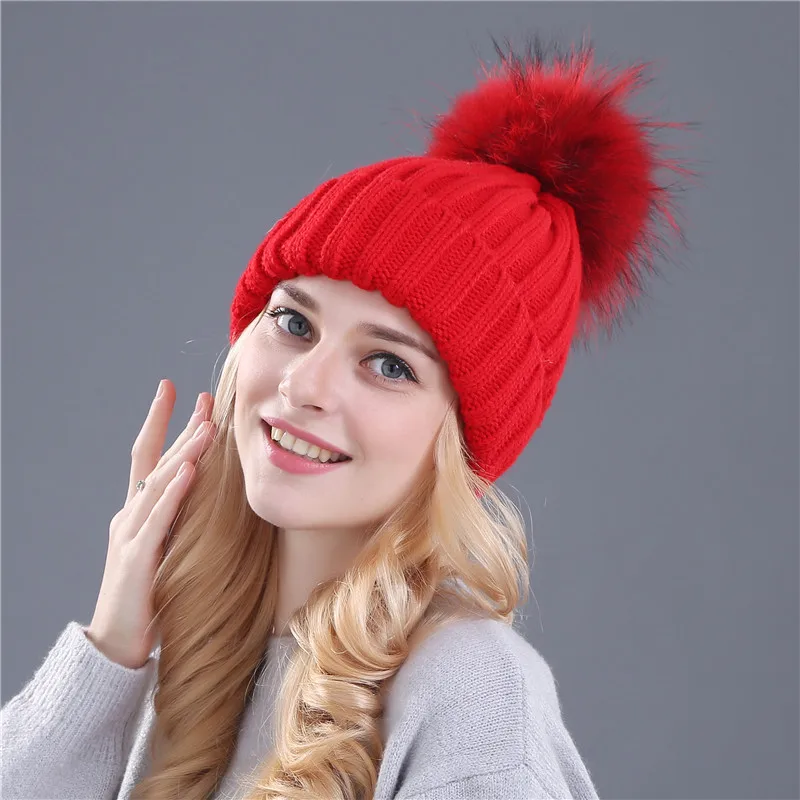 Xthree, шапка из меха норки и лисы, помпоны, зимняя женская шапка, шапка для девочек, вязаные шапки, шапка, фирменная Новинка, толстая женская шапка - Цвет: color pom red