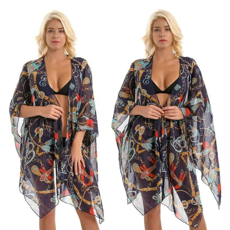 

Ladies Women Printing Bikini Cover Up Boho Shawl Bathing Suit Beach Holiday Chiffon Shirt Blouses