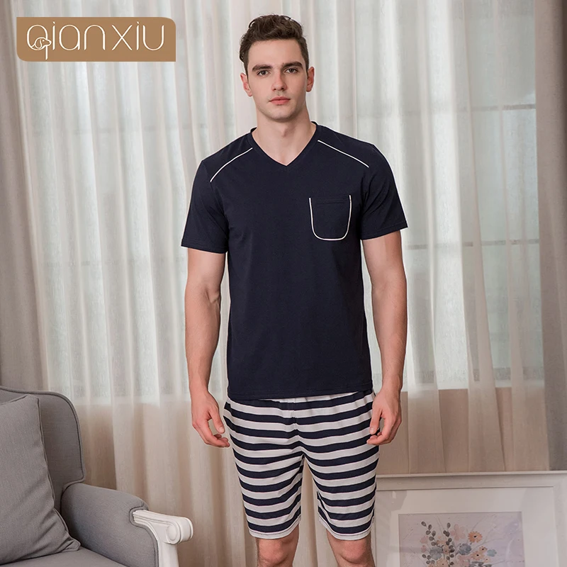 2019 летние домашние пижамы мужские повседневные полосатые пижамные комплекты
