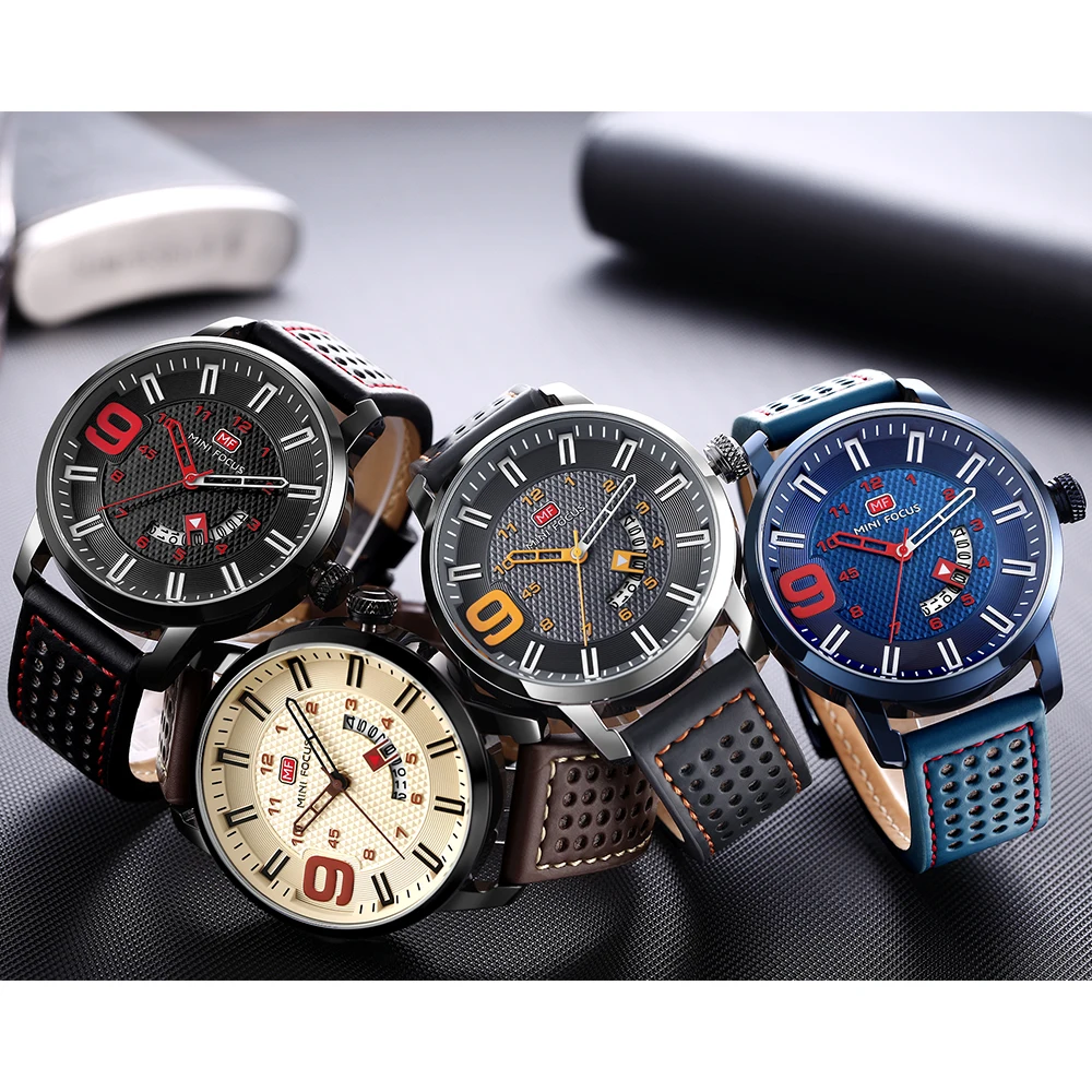 Часы наручные MINI FOCUS мужские из натуральной кожи водонепроницаемые спортивные