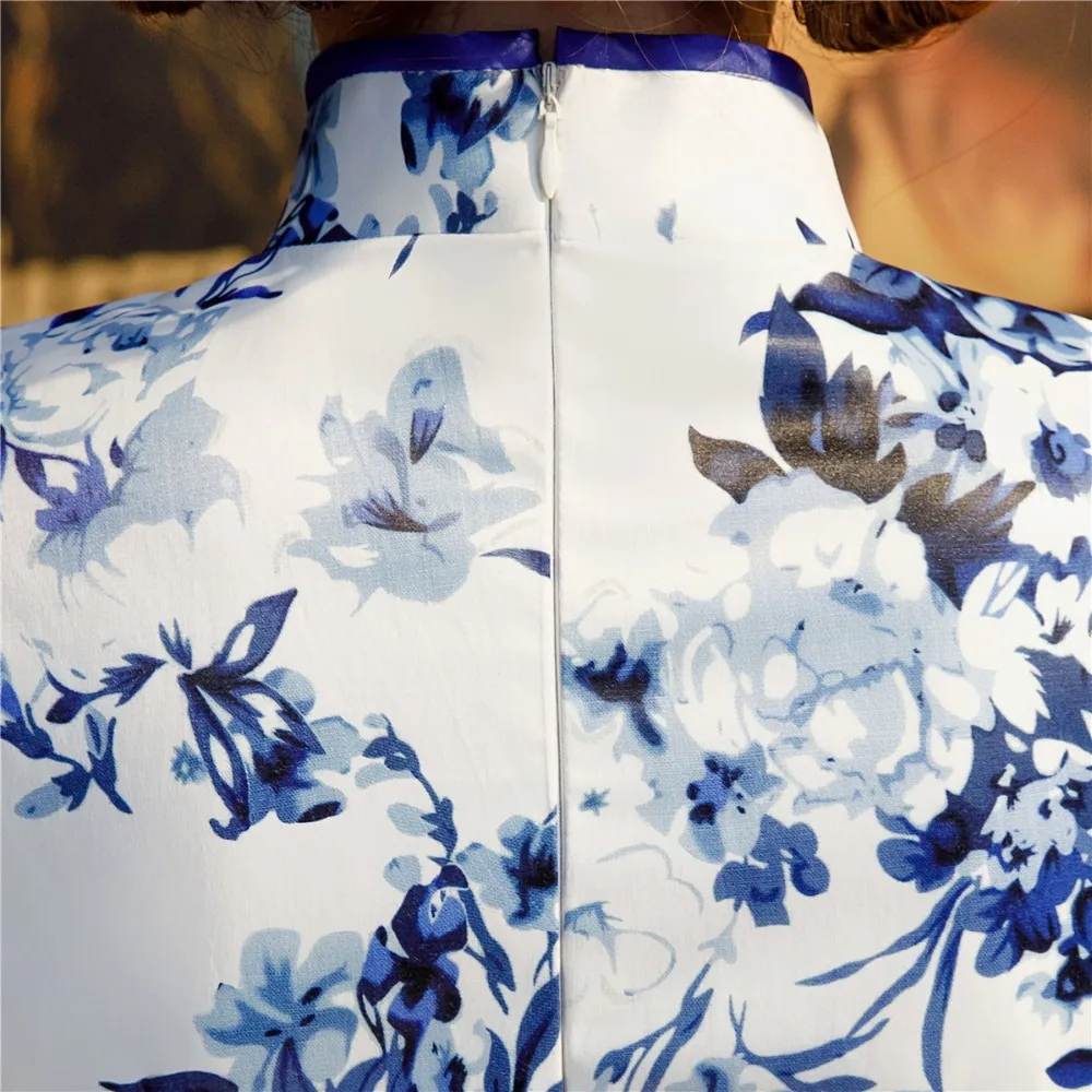 Шанхай история смесь из хлопка короткий рукав цветочный принт Qipao разделение