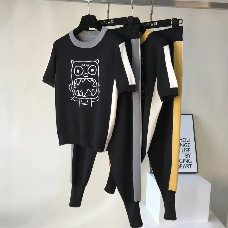 ALPHALMODA трикотажные брюки костюм консервативный Стиль Милая Вышивка Мультфильм женский Забавный с коротким рукавом свитер брюки спортивный костюм