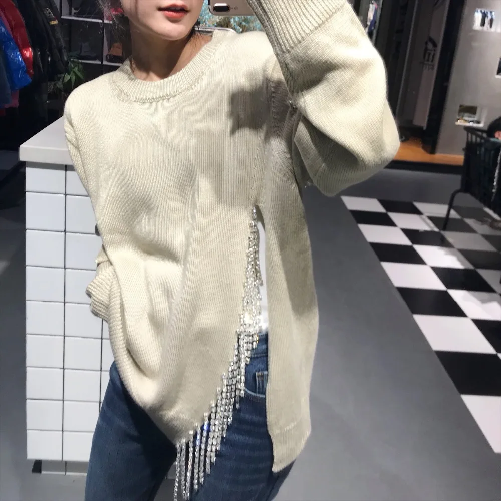 Cakucool Beading Chain Knit Tops Women Long Sleeve O-neck Sequined Slit Sweaters Shiny Jumpers Sweater Pullovers Female | Женская одежда