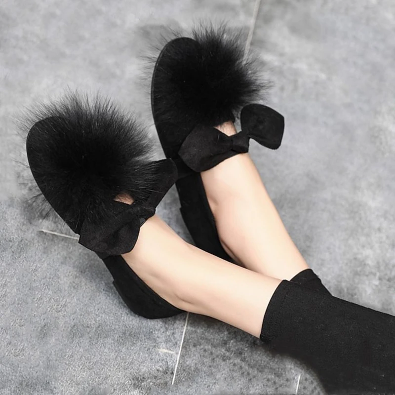 Из флока Бабочка узел Сабо натуральным лисьим волосы мяч Лоферы эспадрильи