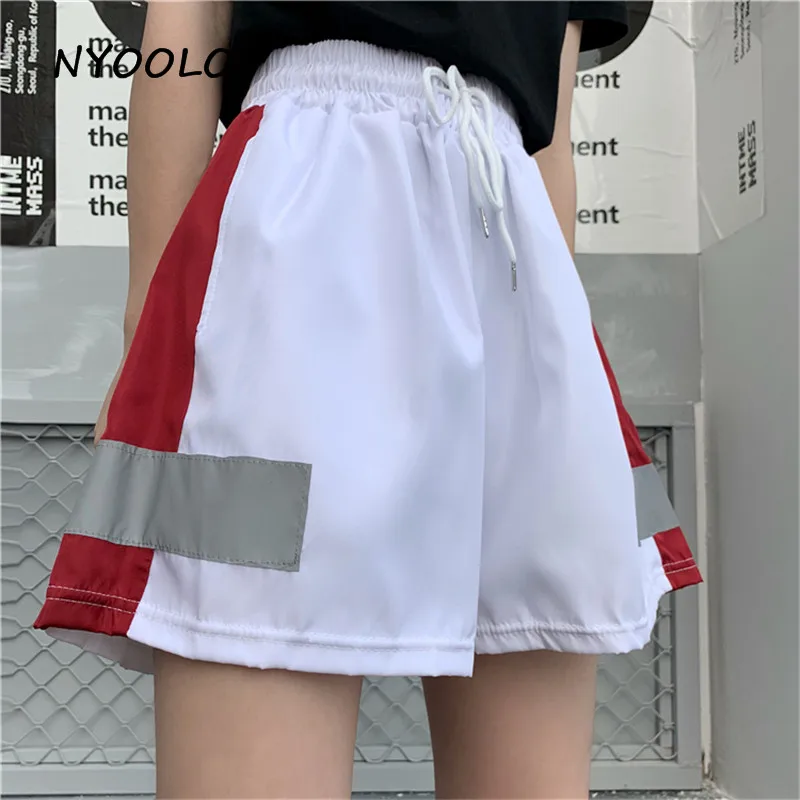 NYOOLO Harajuku стиль 3M Светоотражающий пэчворк с высокой талией облегающие шорты Летняя уличная одежда свободного кроя с эластичной талией Шорты женская одежда