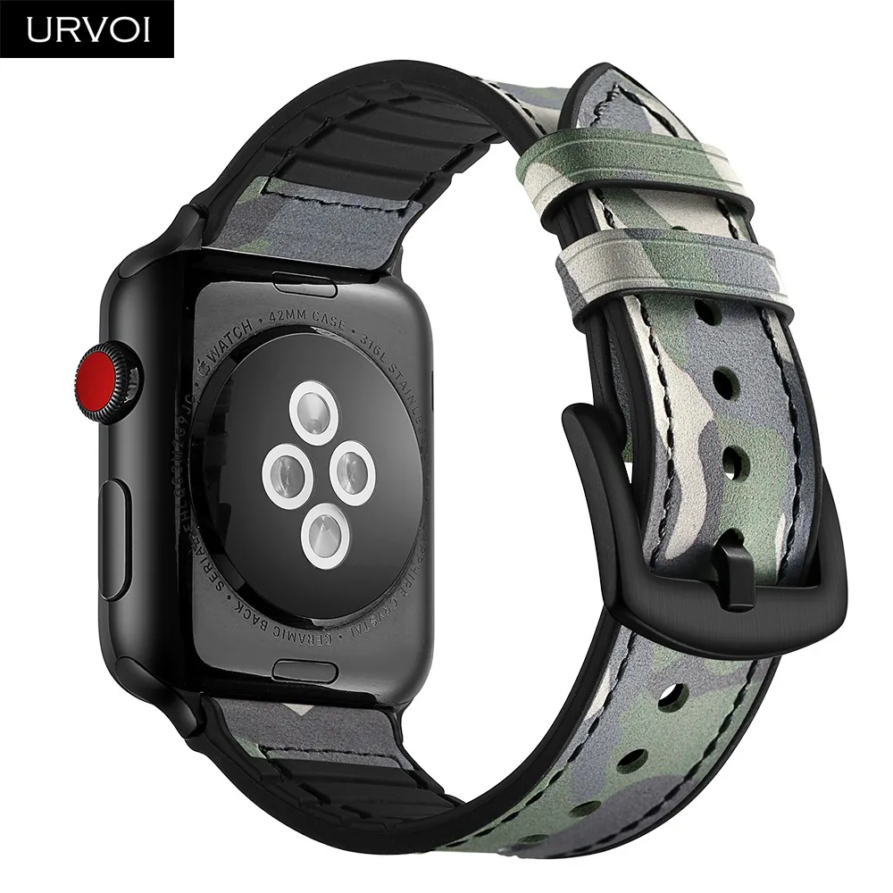 URVOI ремешок для apple watch серии 4, версия 1, 2, 3, ремешок кожаный ремешок Силиконовая задняя крышка для наручных часов iwatch, пояс из дышащего материала 38/40 42/44 мм, черные, с ремешками на пряжках