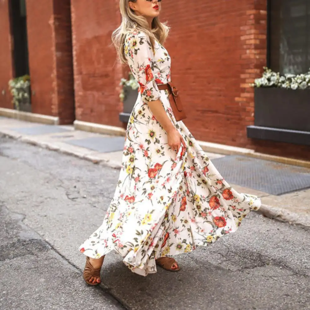 Женские летние платья Boho с коротким рукавом Модные Платья цветочным принтом