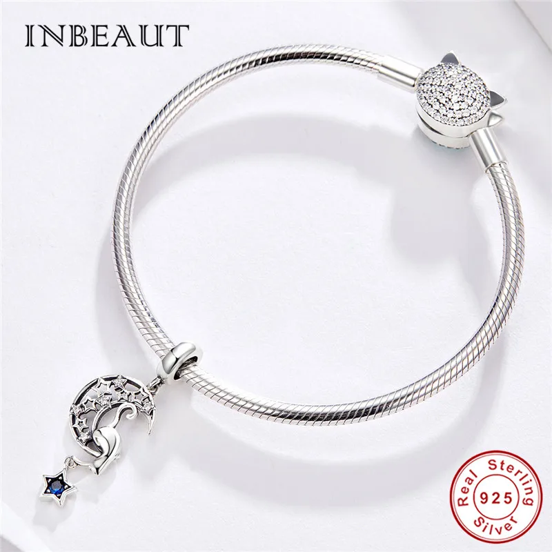 INBEAUT 100% настоящий 925 пробы Серебряный Синий Циркон Звезда Луна сонный Кот амулеты