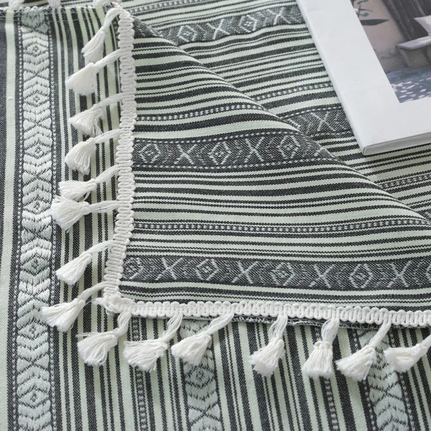 Ethnic Style Grey-green Striped Fringed Tablecloth Coffee Table Cover Rectangular Dining Cloth Oilproof Obrus Home Decor | Дом и сад