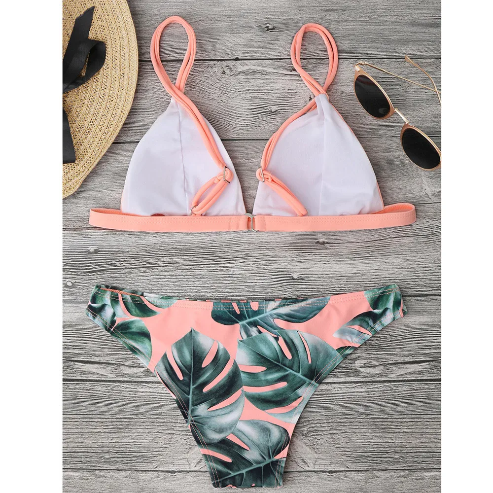 Женский купальник с разноцветным принтом листьев пуш-ап из полиэстера бандажный