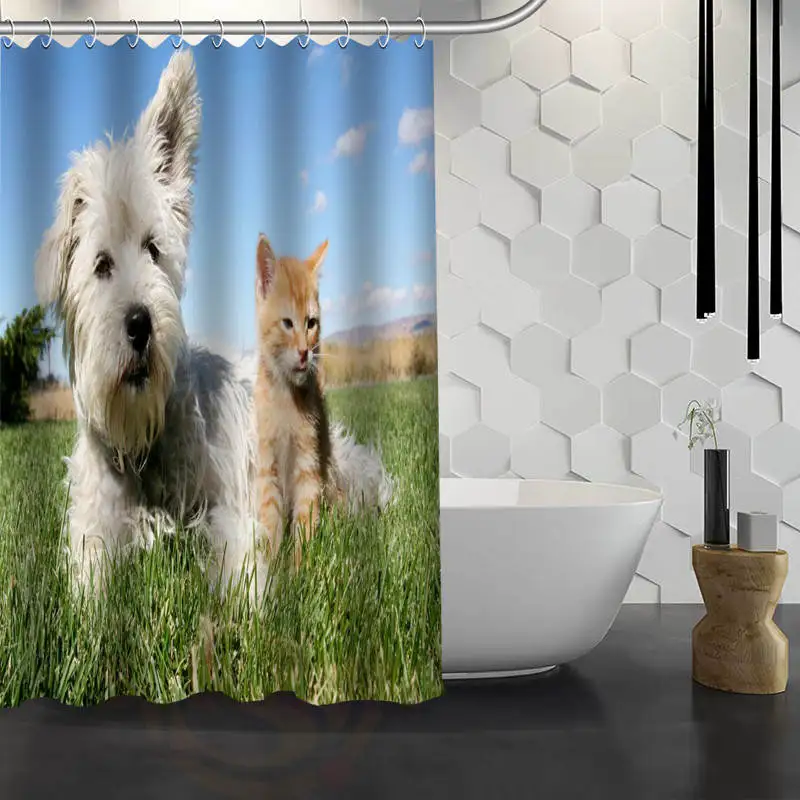 

Hot Sale Custom Dog And Cat Custom Shower Curtain Waterproof Fabric Bath Curtain for Bathroom F#Y1-17