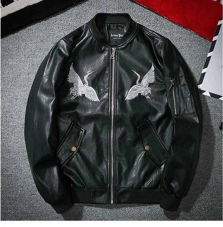 MANVALUE European and American High Street Tide Crane Embroidery Men's Autumn Air Force Pilot Suits PU Leather Jackets