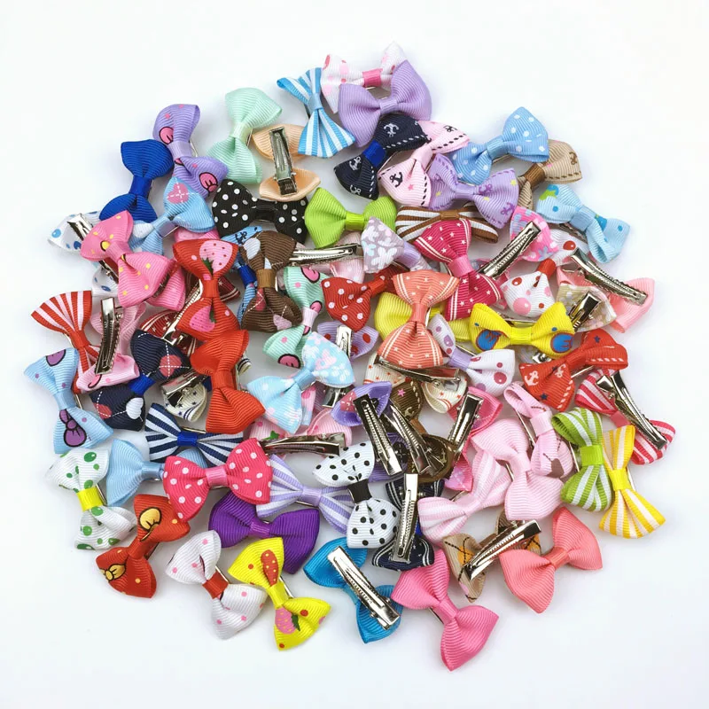 

(100 pieces/lot) Cute Handmade Pet Hair Grooming Accessories 73 Colors Boutique Ribbon Dog Cat Hair Bows With Metal Clips