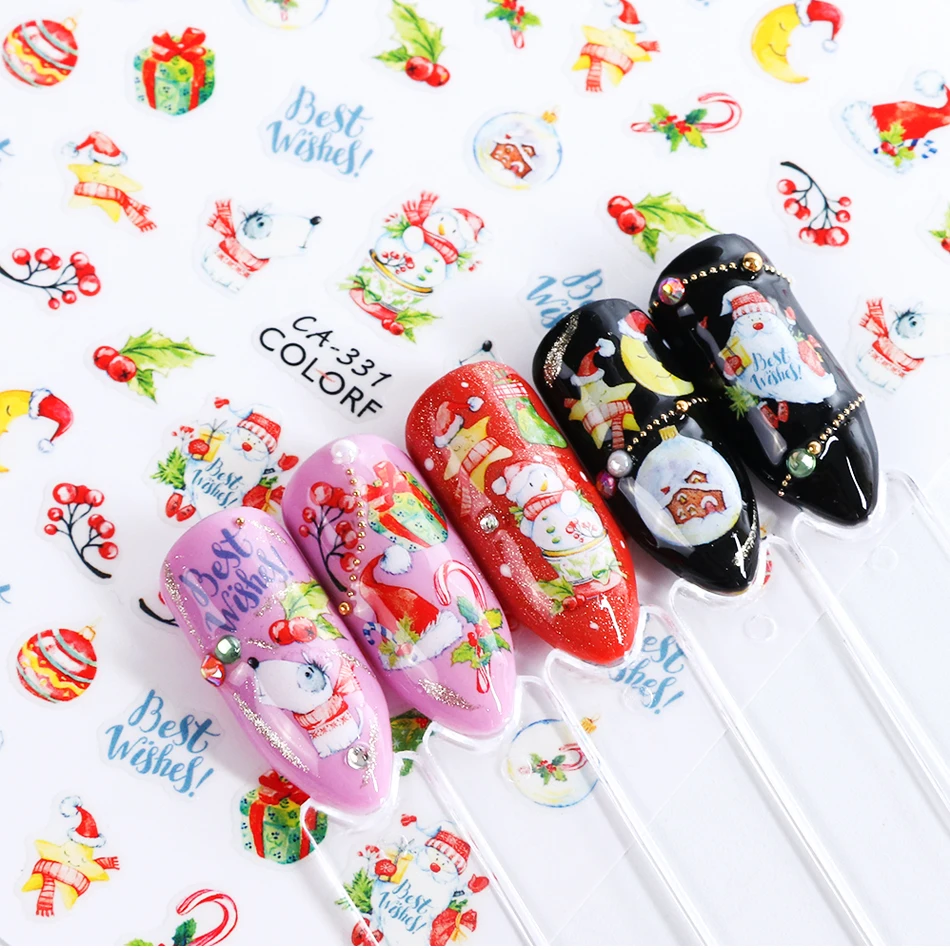 1 шт., зимние стикеры 3D на ногти Nail Art, клеящиеся, рождественские, Мультяшные, снеговик, Санта, цветы, слайдеры, наклейки, маникюрные украшения, TRCA329-337