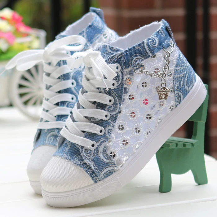 Кроссовки женские из денима на шнуровке сетчатые дышащие с круглым носком