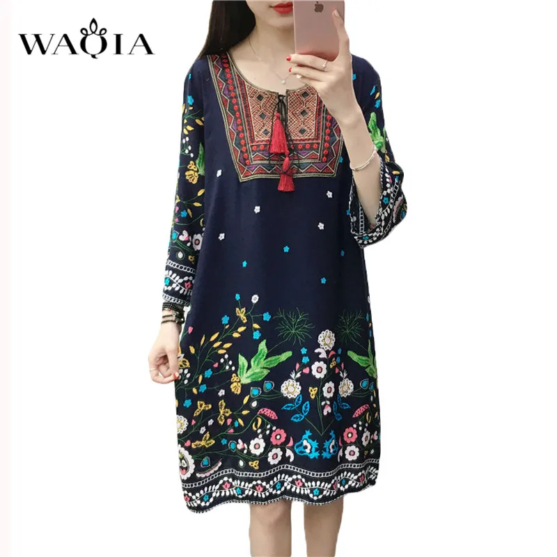 WAQIA 2019 женское летнее платье до колена с цветочным принтом три четверти