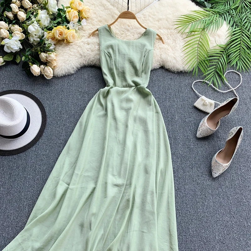 Летнее Новое Женское шифоновое праздничное платье с О-образным вырезом на талии, женское однотонное платье без рукавов с открытой спиной и открытой спиной, большое свободное платье