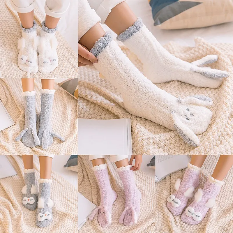 1 пара Harajuku забавное носки с животными зимние Бархатные Теплые мягкие домашние носки-тапочки Kawaii Девочки Женские кролик сова Пушистые Носки для сна