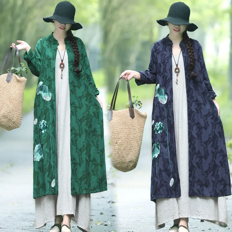 

spring new national wind women's cotton and linen slim long trench coat Outwear Vintage Women's long-sleeved cardigan Trench